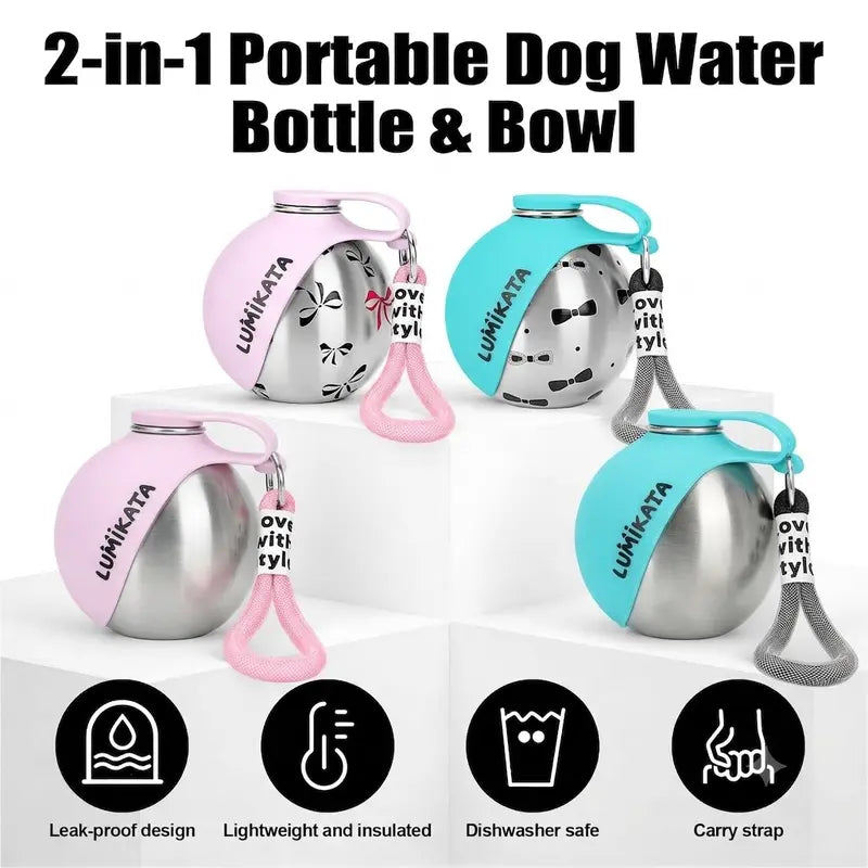 Lumikata 2-in-1 Portable Dog Water Bottle, 10oz Stainless Steel with Foldable Silicone Bowl, Leak-Proof, for Small Dogs, Walking, Travel & Outdoor