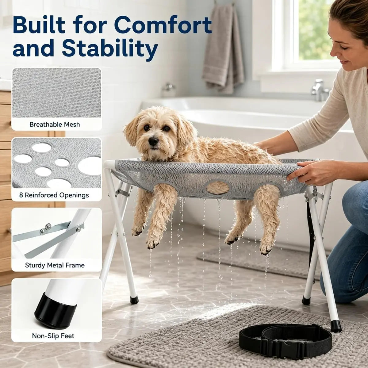 Dog Bath Hammock, Breathable Mesh Pet Grooming Stand with Safety Strap, Foldable Wash Support Holder for Small & Medium Dogs and Cats, Portable