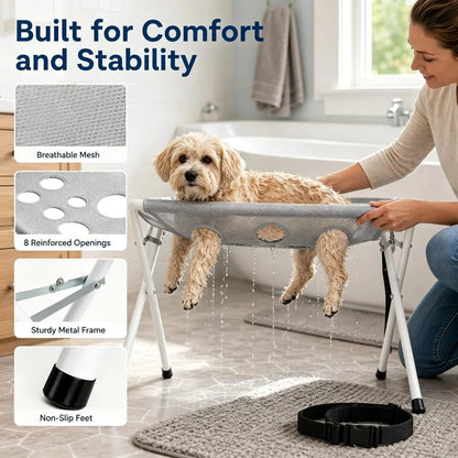Dog Bath Hammock, Breathable Mesh Pet Grooming Stand with Safety Strap, Foldable Wash Support Holder for Small & Medium Dogs and Cats, Portable