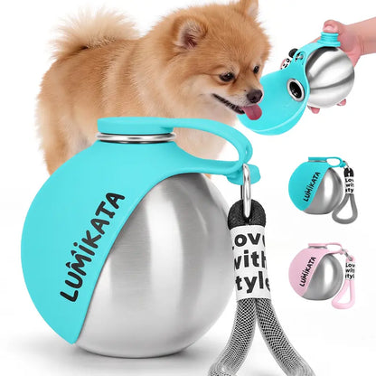 Lumikata 2-in-1 Portable Dog Water Bottle, 10oz Stainless Steel with Foldable Silicone Bowl, Leak-Proof, for Small Dogs, Walking, Travel & Outdoor