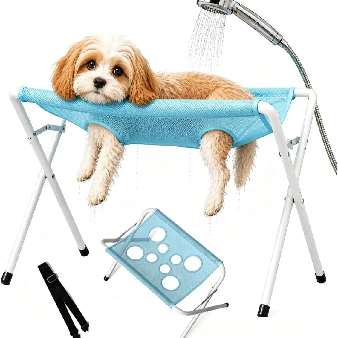 Dog Bath Hammock, Breathable Mesh Pet Grooming Stand with Safety Strap, Foldable Wash Support Holder for Small & Medium Dogs and Cats, Portable