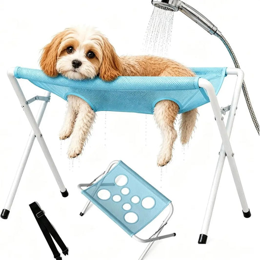 Dog Bath Hammock, Breathable Mesh Pet Grooming Stand with Safety Strap, Foldable Wash Support Holder for Small & Medium Dogs and Cats, Portable