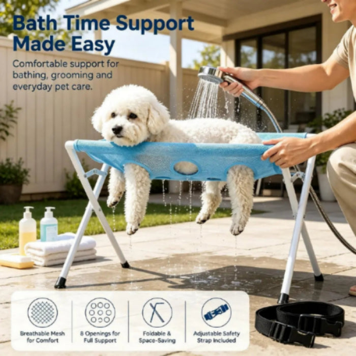 Dog Bath Hammock, Breathable Mesh Pet Grooming Stand with Safety Strap, Foldable Wash Support Holder for Small & Medium Dogs and Cats, Portable