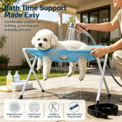 Dog Bath Hammock, Breathable Mesh Pet Grooming Stand with Safety Strap, Foldable Wash Support Holder for Small & Medium Dogs and Cats, Portable