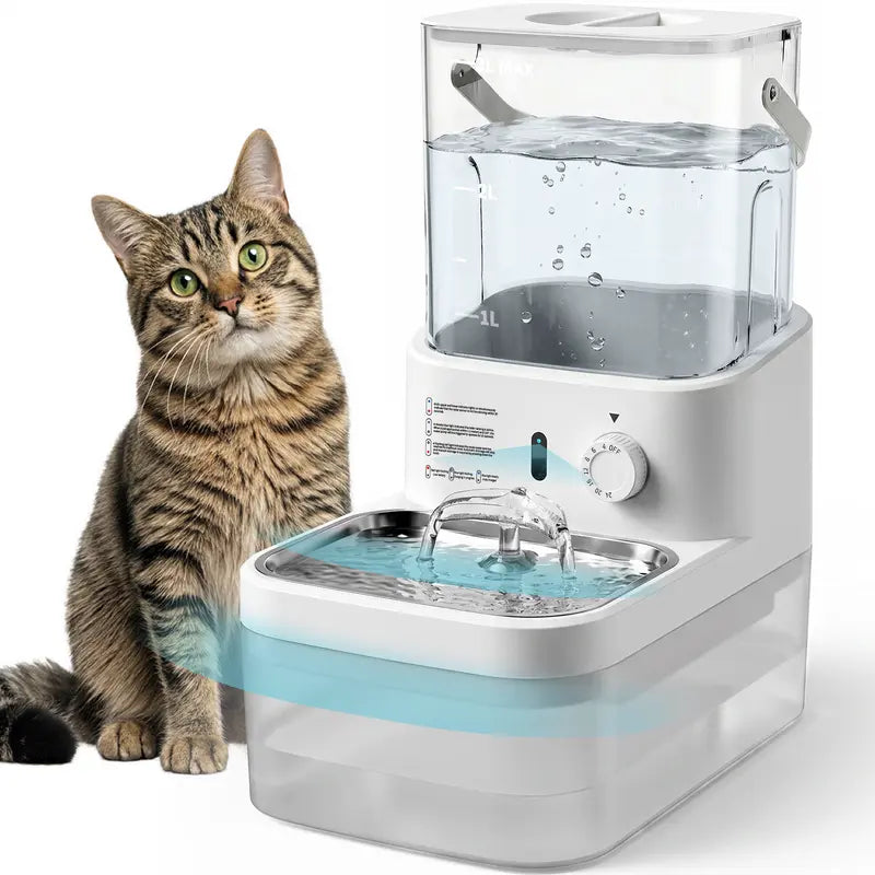 3L Cat Water Fountain Stainless Steel, Cordless Pet Water Dispenser for Cats & Small Dogs, Motion Sensor, Filterless, Separate Clean & Used Water, Automatic, Quiet