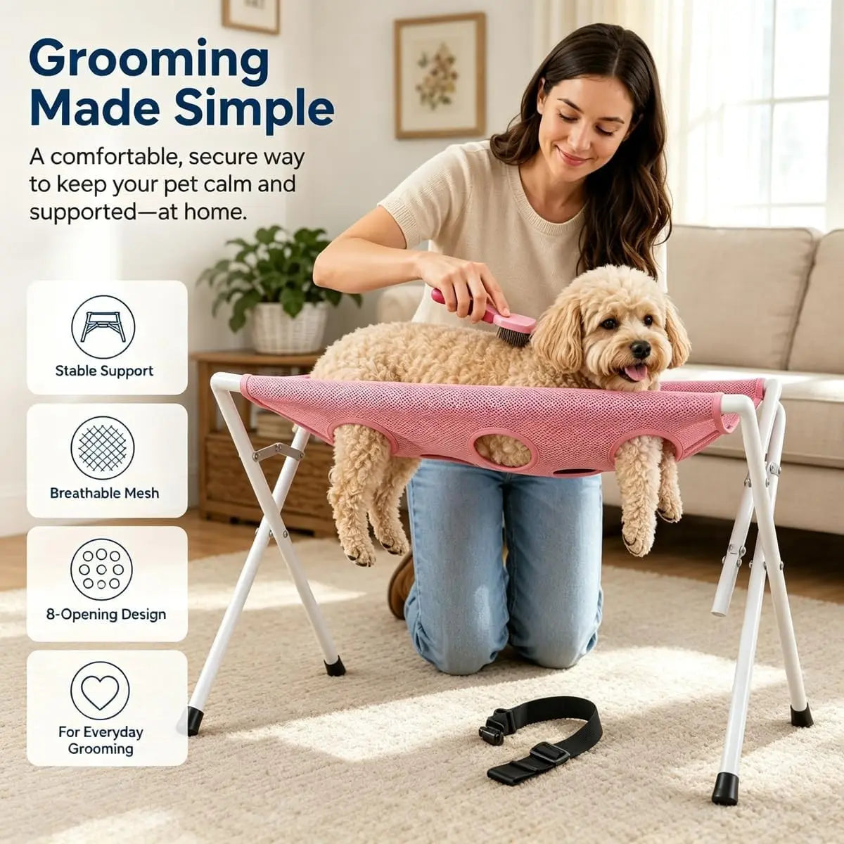 Dog Bath Hammock, Breathable Mesh Pet Grooming Stand with Safety Strap, Foldable Wash Support Holder for Small & Medium Dogs and Cats, Portable