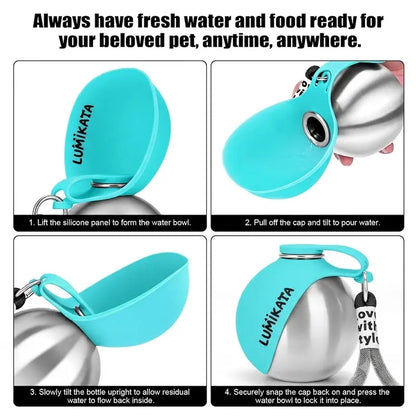 Lumikata 2-in-1 Portable Dog Water Bottle, 10oz Stainless Steel with Foldable Silicone Bowl, Leak-Proof, for Small Dogs, Walking, Travel & Outdoor